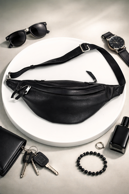 Handmade Mens Black Leather Waist Bag
