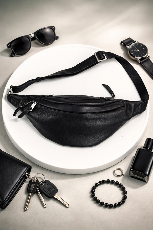 Handmade Mens Black Leather Waist Bag