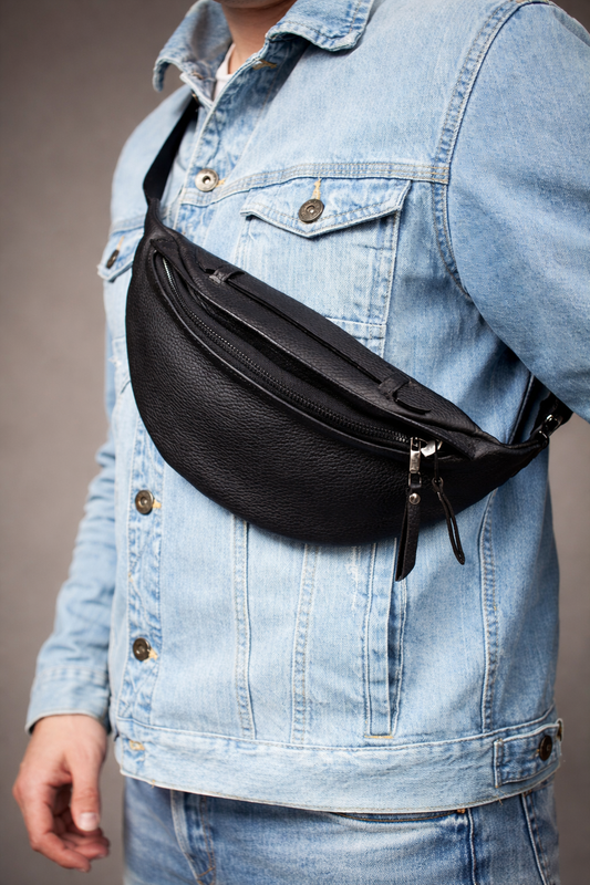 Handmade Mens Black Leather Waist Bag Flotar Leather Belt Bag Gift for Him