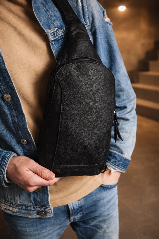 Handmade Mens Leather Sling Bag Black Chest Crossbody