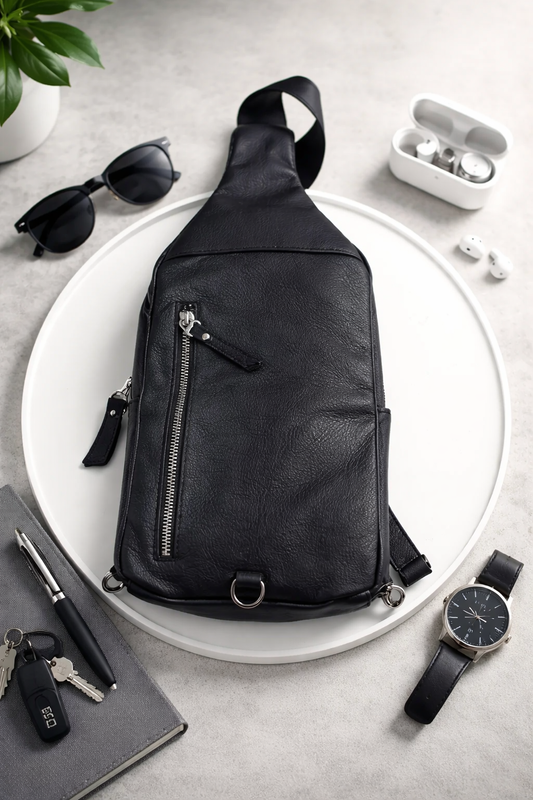 Handmade Genuine Leather Mens Chest Bag Black Sling
