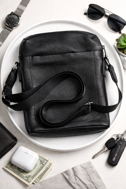 Handmade Mens Black Leather Messenger Bag Classic Style