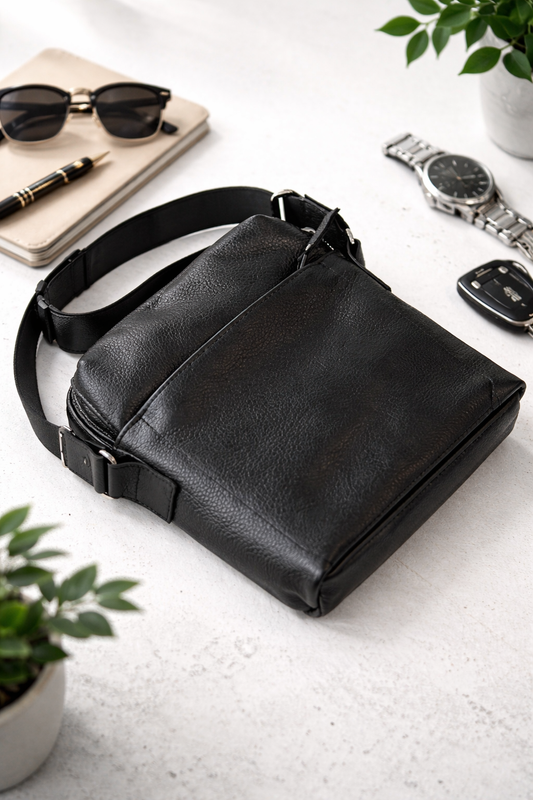 Handmade Mens Leather Messenger Bag Black Classic Crossbody Gift for Him