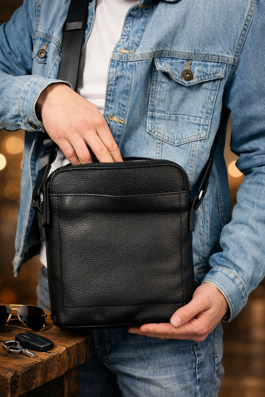 Handmade Mens Black Leather Messenger Bag Classic Leather Crossbody Gift for Him