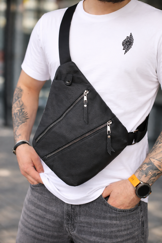 Mens Handmade Genuine Leather Crossbody Shoulder Bag Black