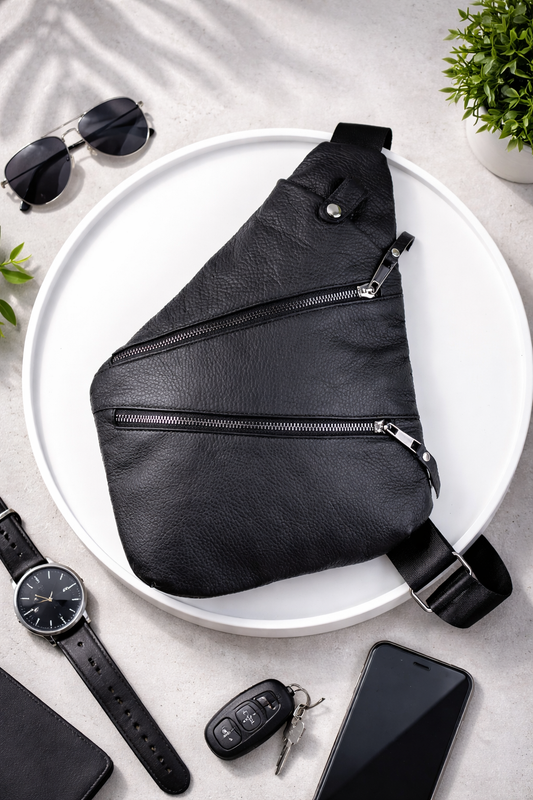 Handmade Mens Leather Crossbody Bag Skill Black