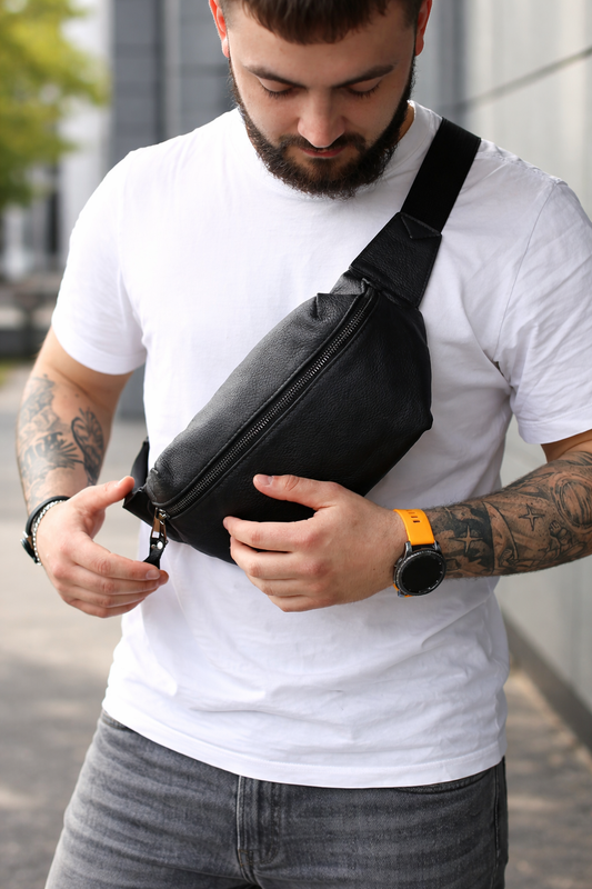 Handmade Mens Genuine Leather Banana Bag Black Crossbody Fanny Pack