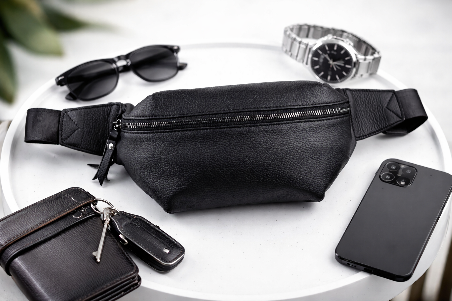 Mens Handmade Black Leather Banana Bag Waist Bag Fanny Pack