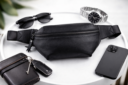 Mens Handmade Black Leather Banana Bag Waist Bag Fanny Pack