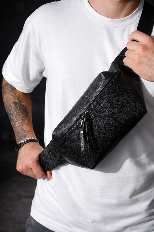 Handmade Mens Black Leather Banana Bag Fanny Pack Crossbody Waist Bag