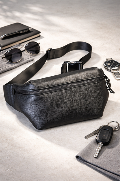 Handmade Mens Black Leather Waist Bag Fanny Pack Belt Bag Gift for Him