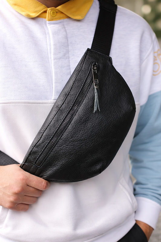 Handmade Mens Genuine Leather Black Waist Bag Fanny Pack