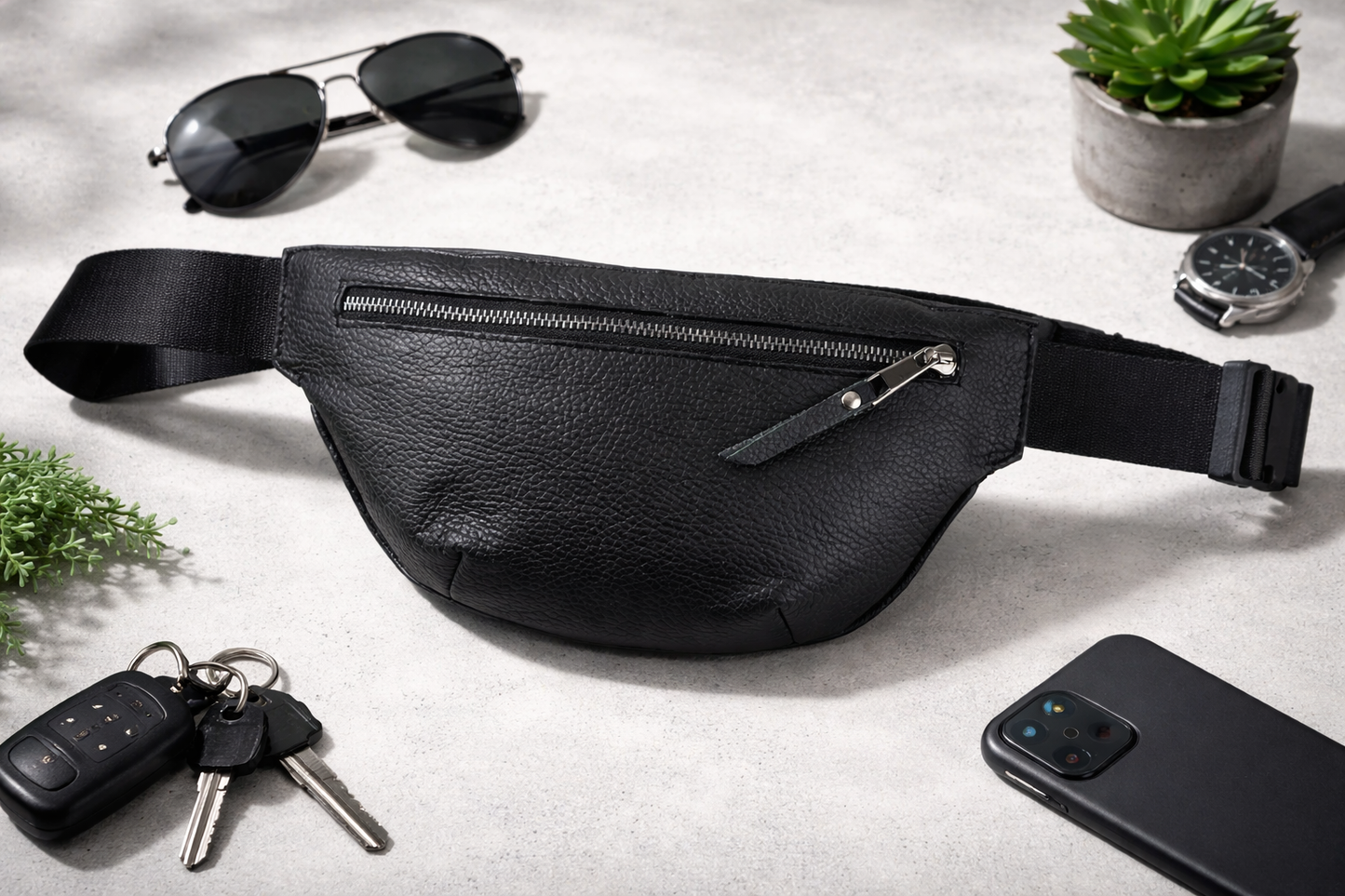 Handmade Mens Black Leather Waist Bag Fanny Pack