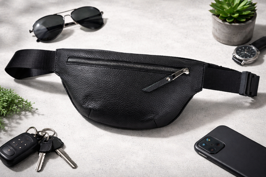 Handmade Mens Black Leather Waist Bag Fanny Pack