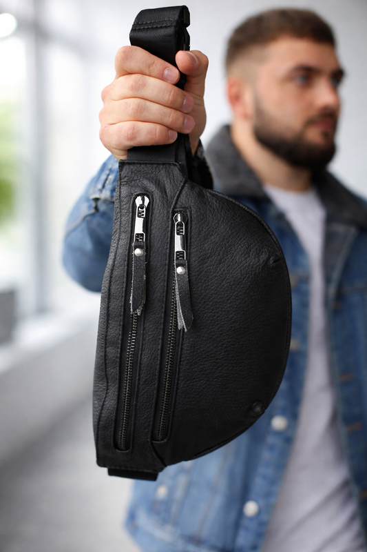 Handmade Mens Black Genuine Leather Waist Bag Banana Bag