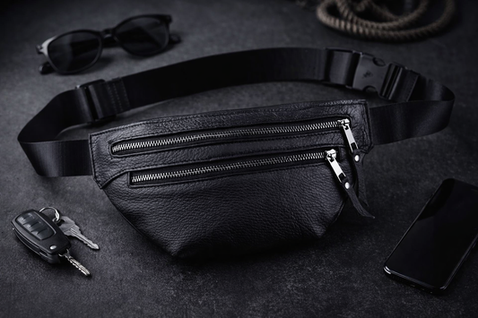 Handmade Mens Black Leather Banana Waist Bag