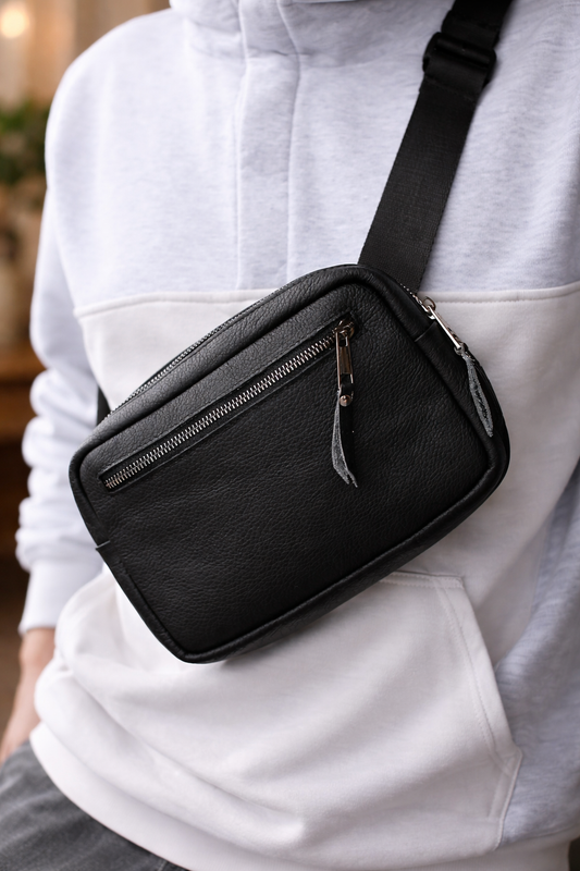 Handmade Mens Genuine Leather Crossbody Bag Black Waist Bag