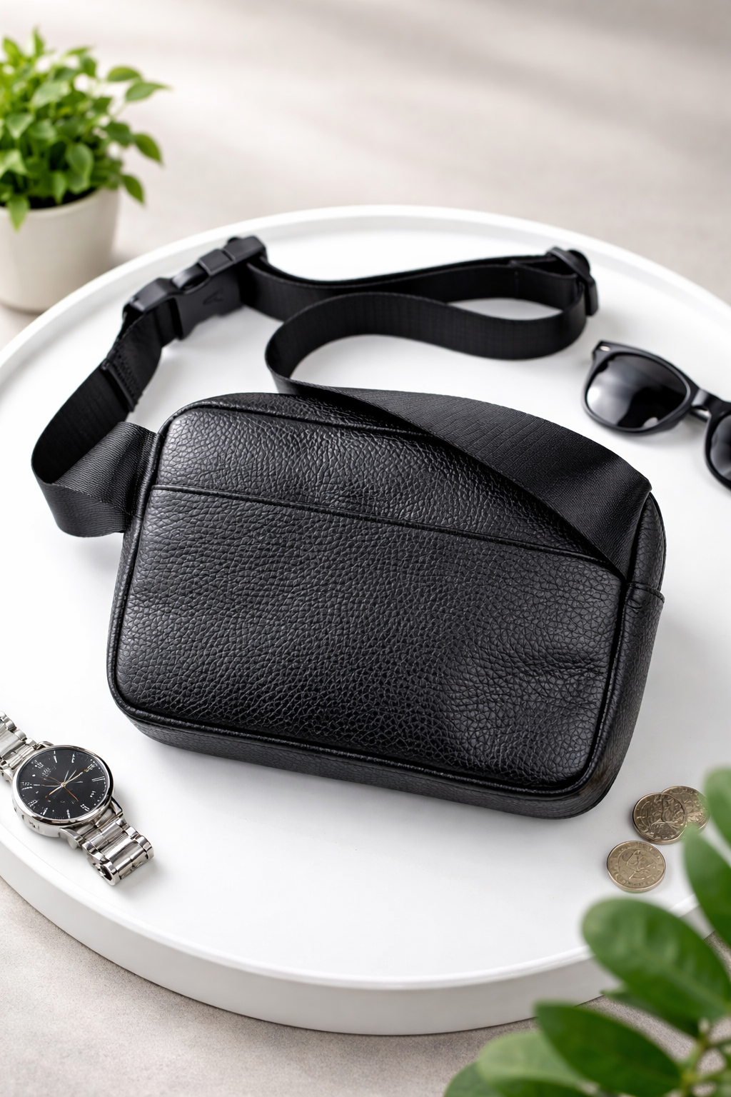 Handmade Mens Leather Crossbody Bag Black Waist Bag