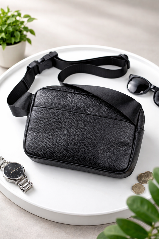 Handmade Mens Leather Crossbody Bag Black Waist Bag