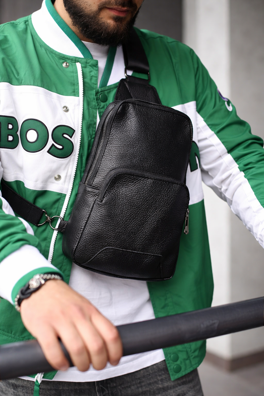 Handmade Mens Black Leather Sling Crossbody Shoulder Bag