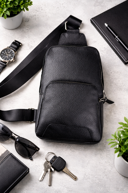 Mens Handmade Genuine Leather Chest Bag Black Leather Sling