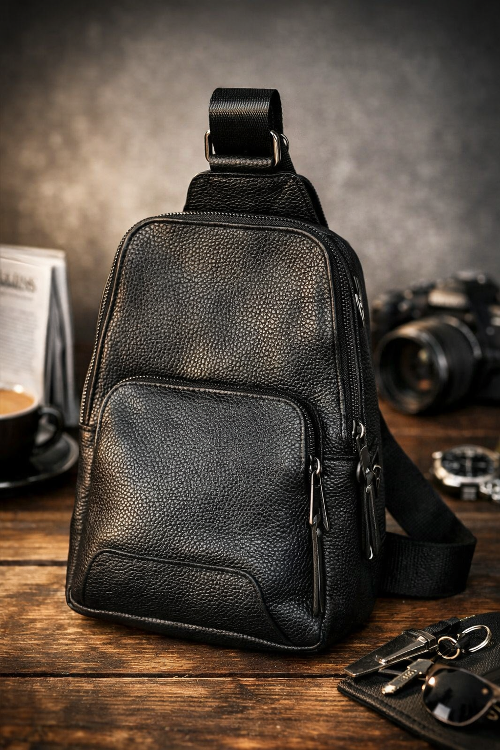 Handmade Genuine Leather Mens Chest Sling Bag Black Gift for Him