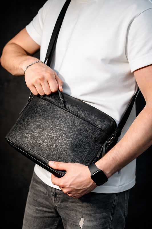 Handmade Mens Leather Messenger Bag Black