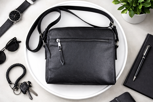 Handmade Mens Leather Crossbody Bag Black Compact Shoulder Bag