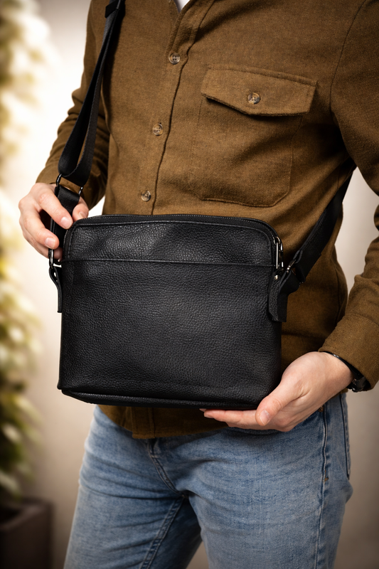 Handmade Mens Leather Crossbody Bag Black Gift for Him