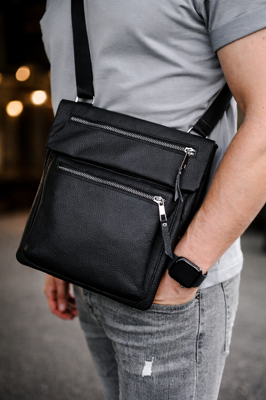 Handmade Mens Messenger Bag Genuine Leather Black Crossbody