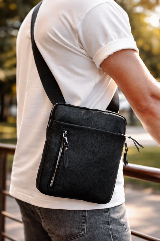 Handmade Mens Black Genuine Leather Messenger Bag Crossbody Business Bag