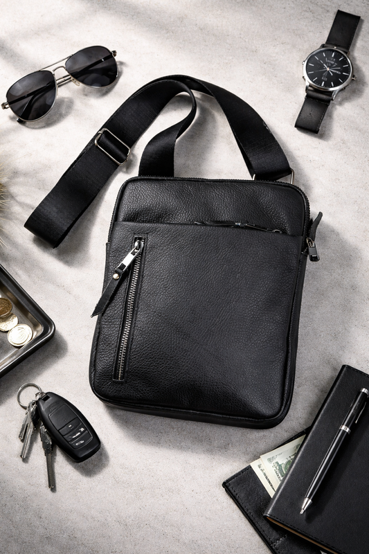 Mens Handmade Leather Crossbody Bag Black Messenger Shoulder Bag