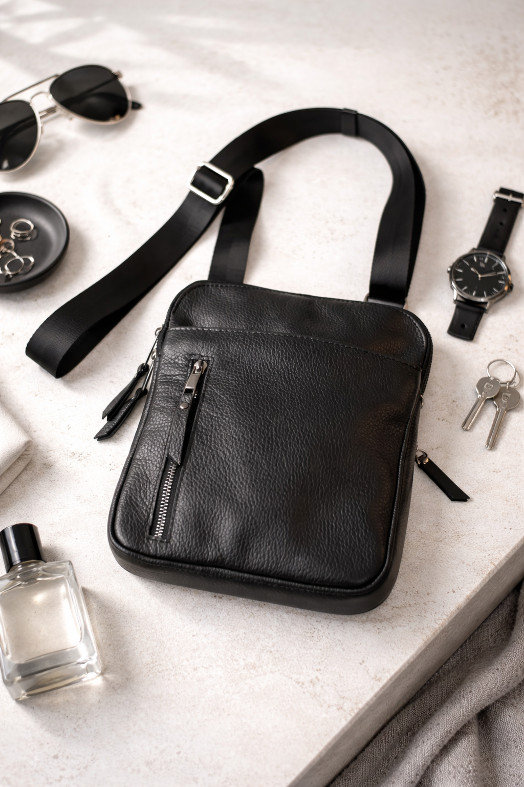 Handmade Mens Leather Crossbody Bag Black Classic Messenger Design Gift for Him