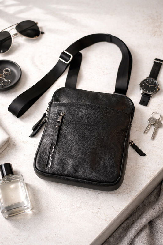 Handmade Mens Leather Crossbody Bag Black Classic Messenger Design Gift for Him