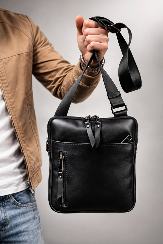 Mens Handmade Leather Crossbody Bag Black Messenger Gift for Him