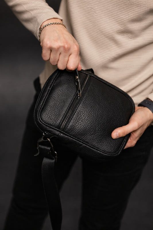 Handmade Black Leather Messenger Bag for Men Compact Crossbody Shoulder Bag