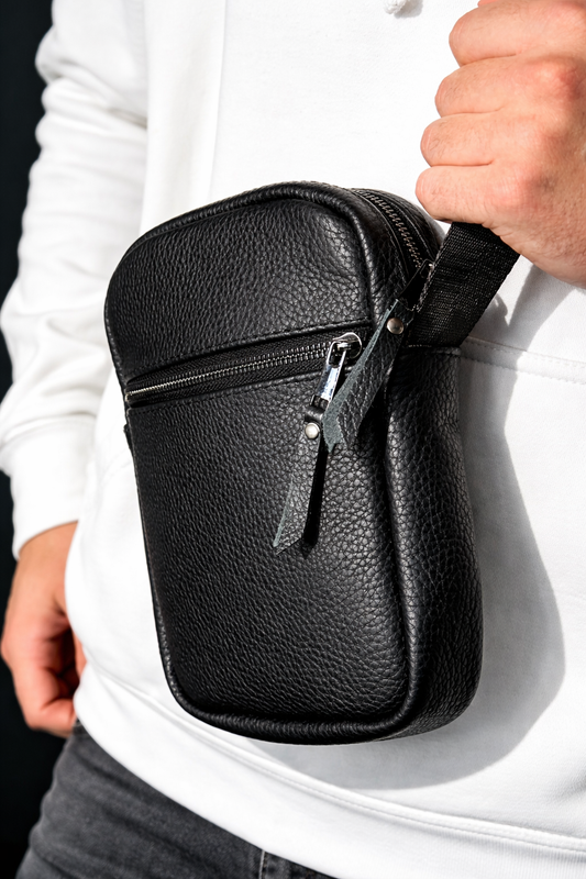 Handmade Black Leather Mens Messenger Bag Compact Crossbody Zipper Pocket