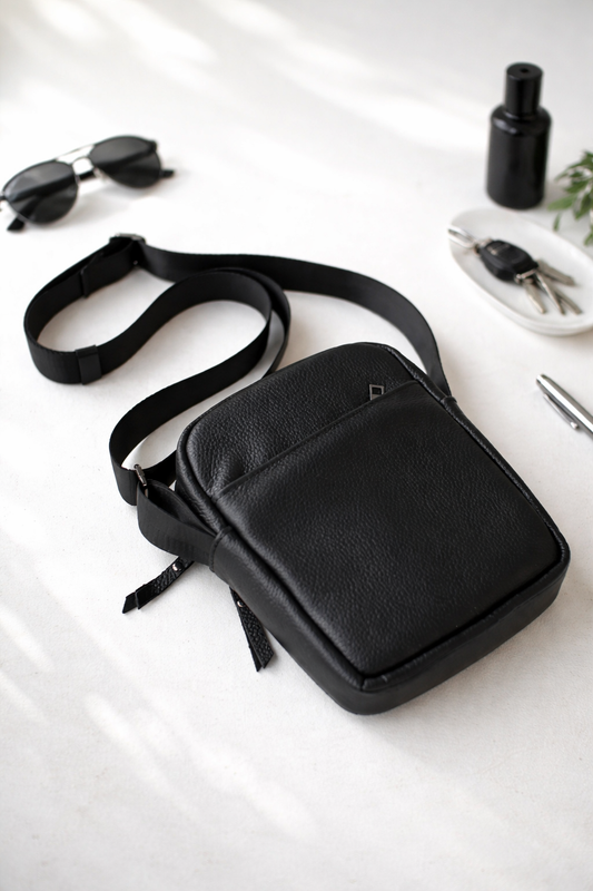 Handmade Black Leather Mens Messenger Bag Compact Crossbody Shoulder Bag Gift for Him