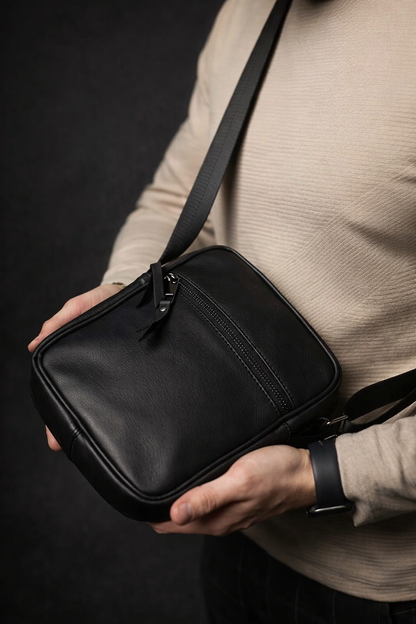 Handmade Mens Black Genuine Leather Messenger Bag Crossbody Shoulder Bag