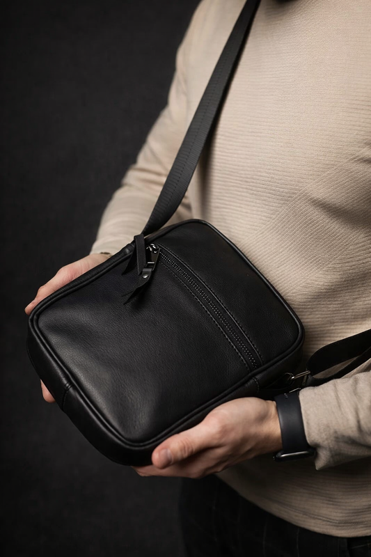 Handmade Mens Black Genuine Leather Messenger Bag Crossbody Shoulder Bag
