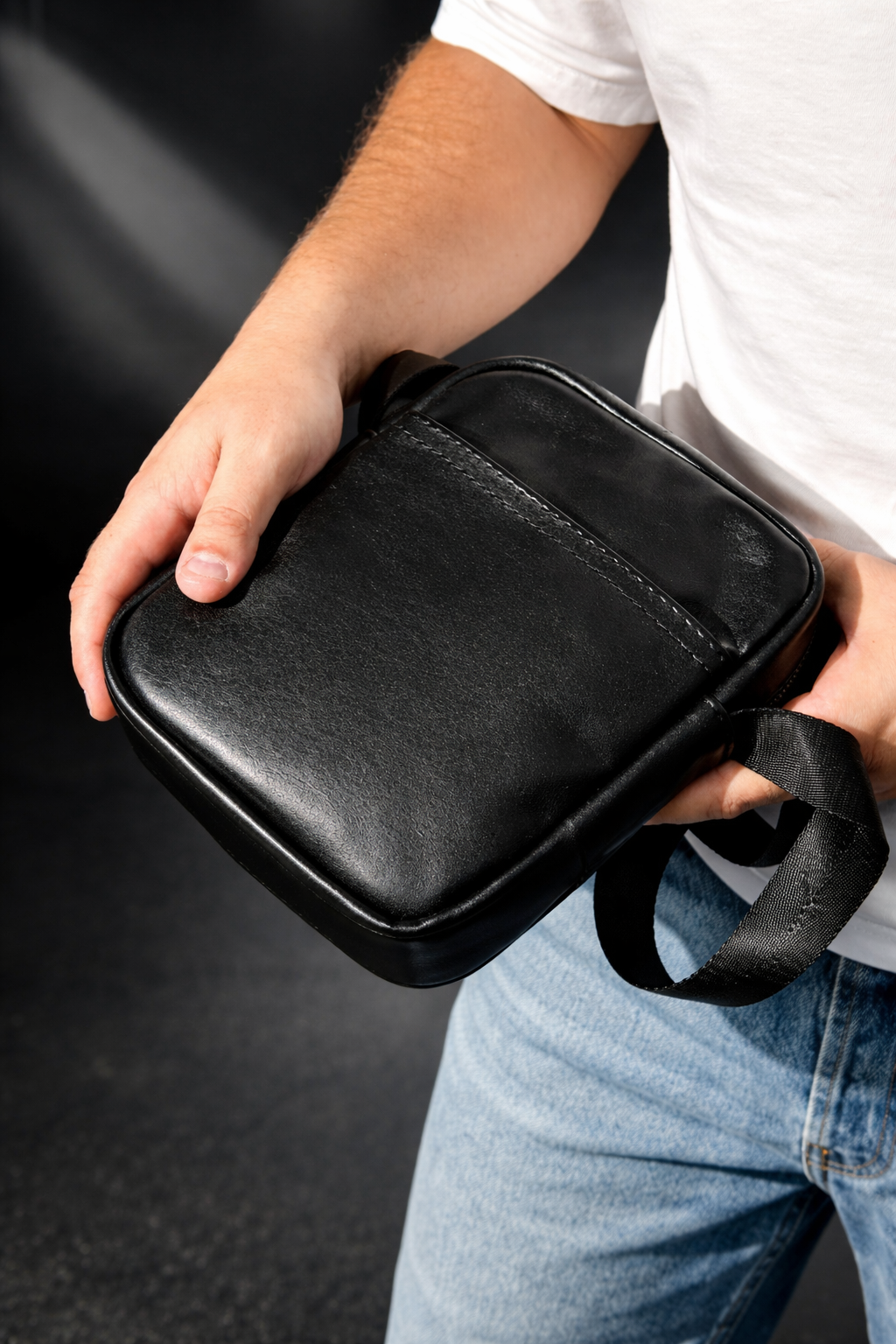 Handmade Mens Genuine Leather Messenger Bag Black Crossbody Compact