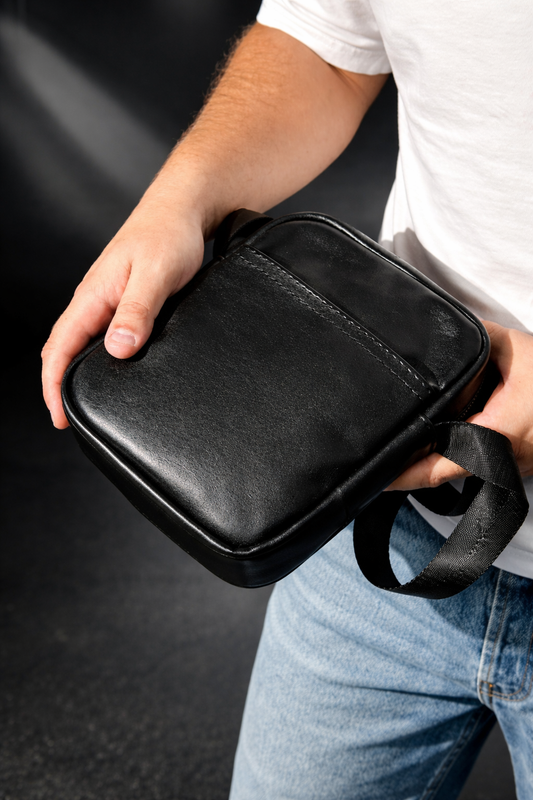Handmade Mens Genuine Leather Messenger Bag Black Crossbody Compact