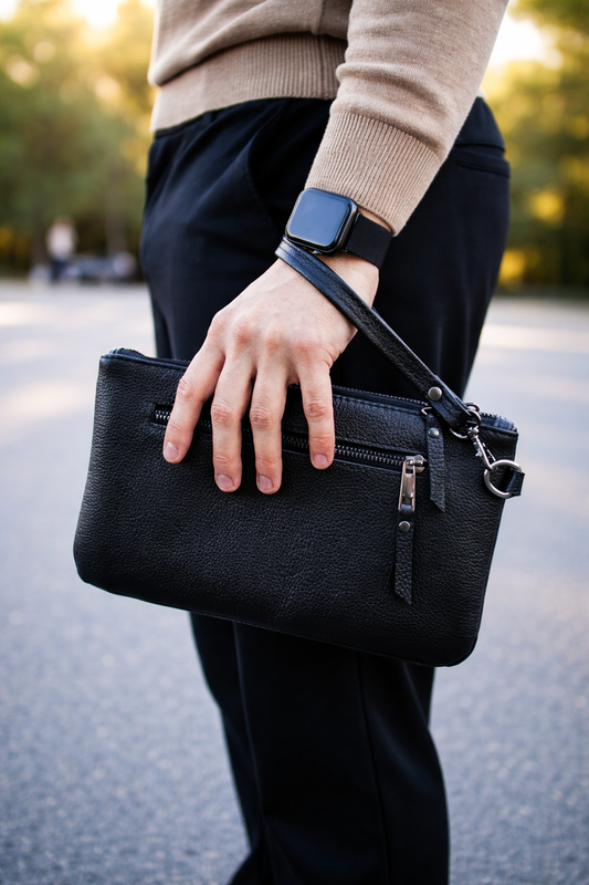 Handmade Black Genuine Grain Leather Clutch for Men Gift for Him