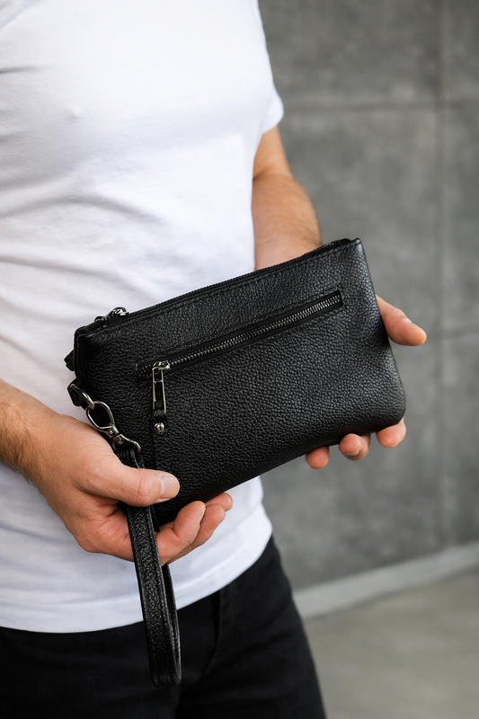 Handmade Mens Leather Clutch SKILL Black Gift For Him