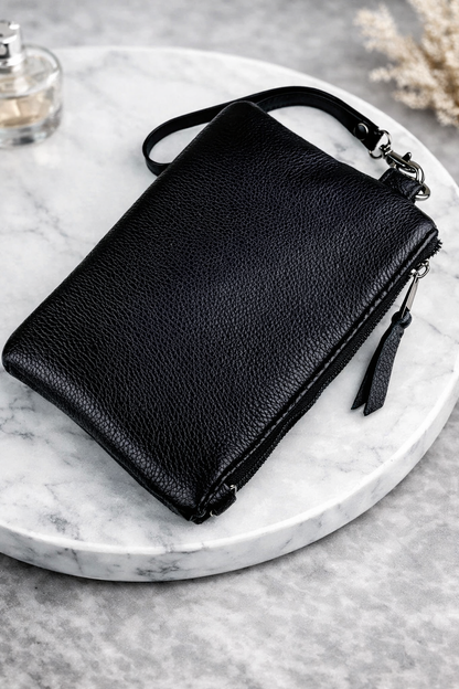 Handmade Genuine Grain Leather Clutch SKILL Black Gift for Him