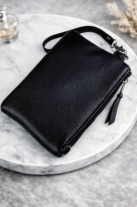 Handmade Genuine Grain Leather Clutch SKILL Black Gift for Him