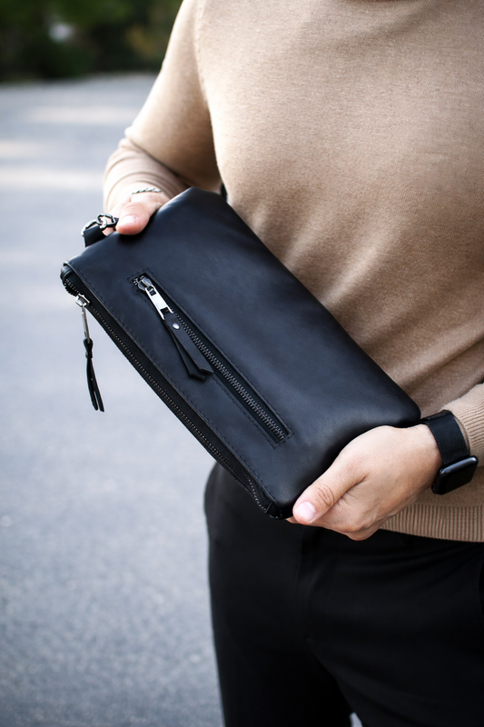 Handmade Genuine Smooth Leather Clutch SKILL Black Minimalist Wristlet Gift for Him