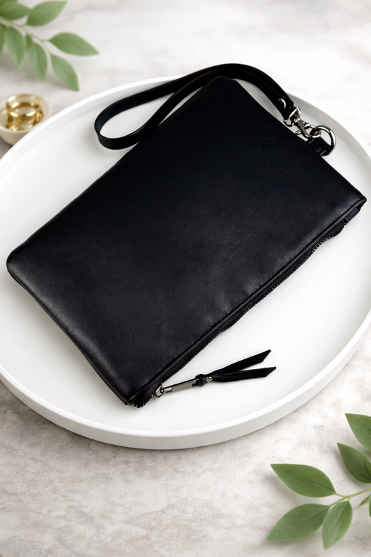 Handmade Genuine Smooth Leather Clutch Black Minimalist Wrist Clutch Gift for Him