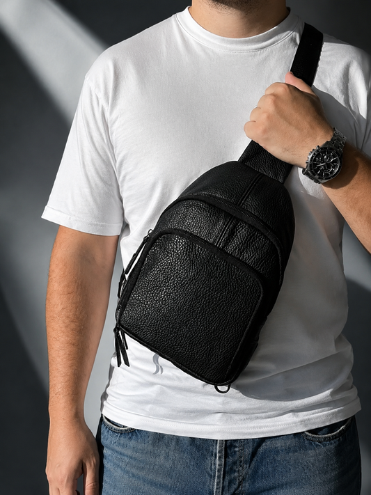 Handmade Genuine Leather Mens Sling Bag Black Crossbody Shoulder Bag Gift for Him