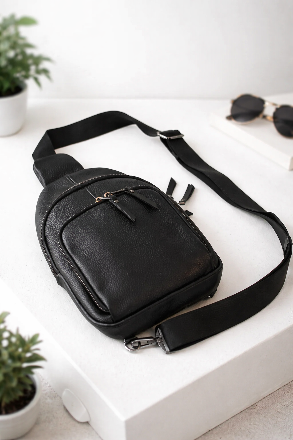 Handmade Genuine Leather Sling Shoulder Bag Black Gift For Him